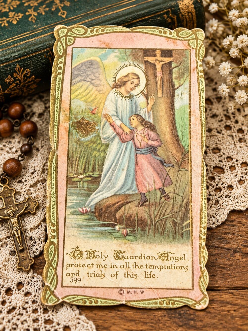 Antique Guardian Angel Holy Card M H Wiltzius Art Co No 599 Trade Sample